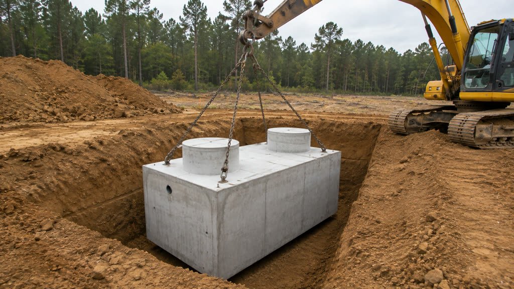 Concrete septic tank being lowered by excavator into a prepared trench