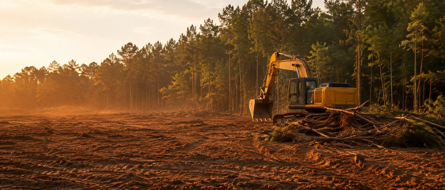 Excavator clearing a wooded lot on rural acreage at first light