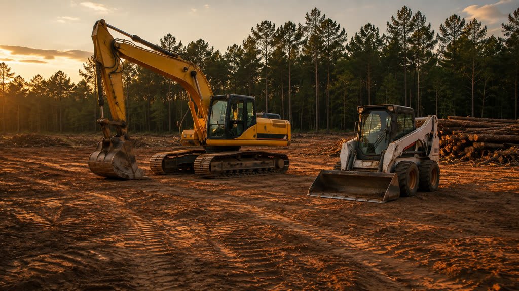 Excavator working on a rural building site in late afternoon light