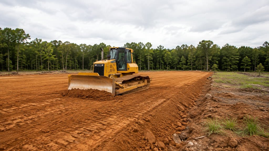 Bulldozer grading a building pad on freshly cleared acreage