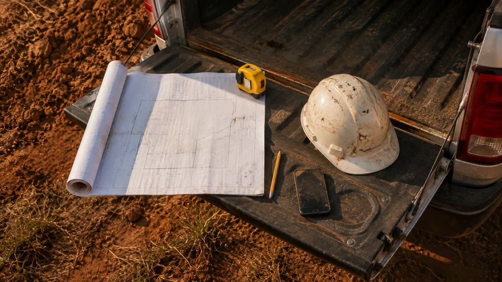 Measuring tape and site plans laid out on a truck tailgate