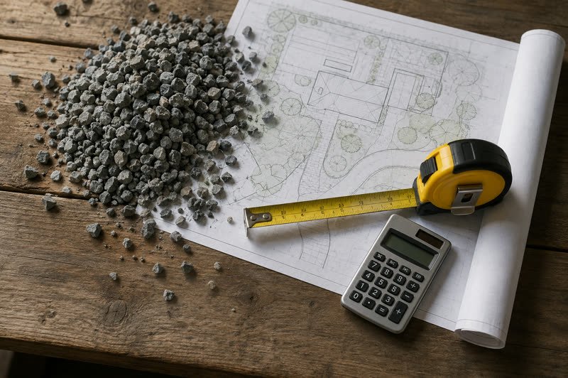 Gravel driveway calculator — Tons of stone needed, and what that costs delivered.